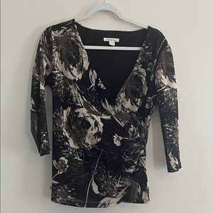 Vintage‎ Coldwater Creek Abstract Floral Surplice Mesh Black Cream Y2K Artsy